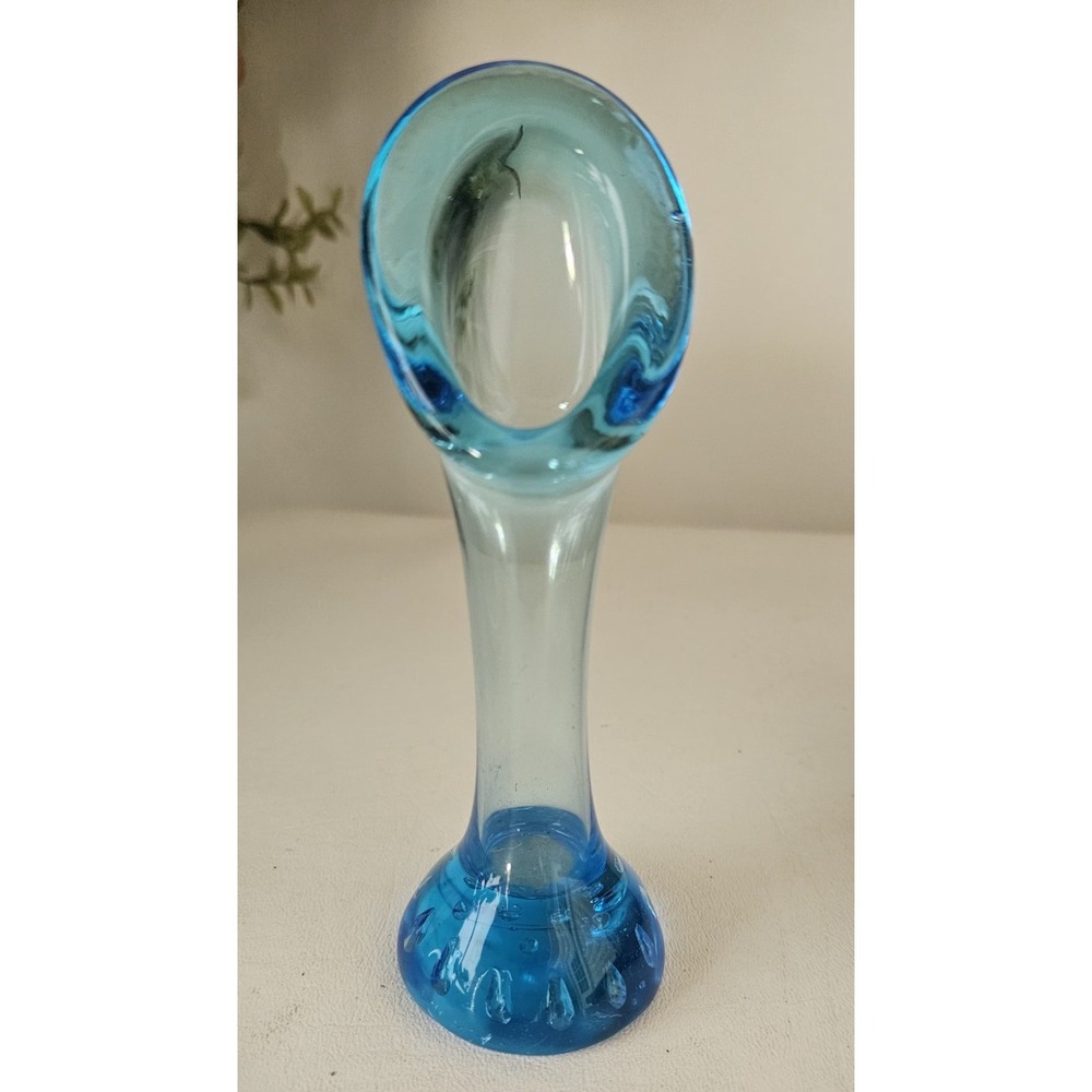 Vintage Handblown Blue Swung Pedestal Bud Vase Controlled Bubbles